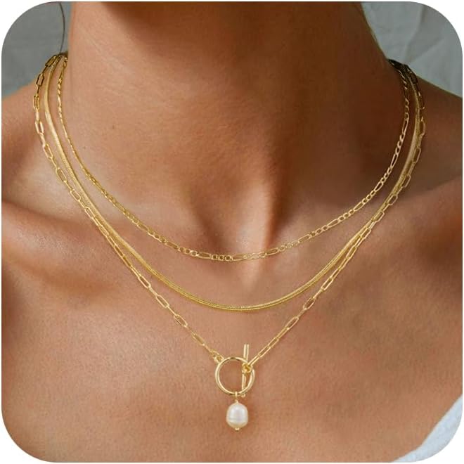 MFRYK Gold/Silver Necklaces Stack For Women,14K Gold/Sterling Silver Plated Simple Layered Choker Necklaces For Women,Stackable Multilayer Pearl Cross Disc Circle Pendant Cuban Herringbone Snake Paperclip Chain Necklaces Set Jewelry Gift for Women - Image 1